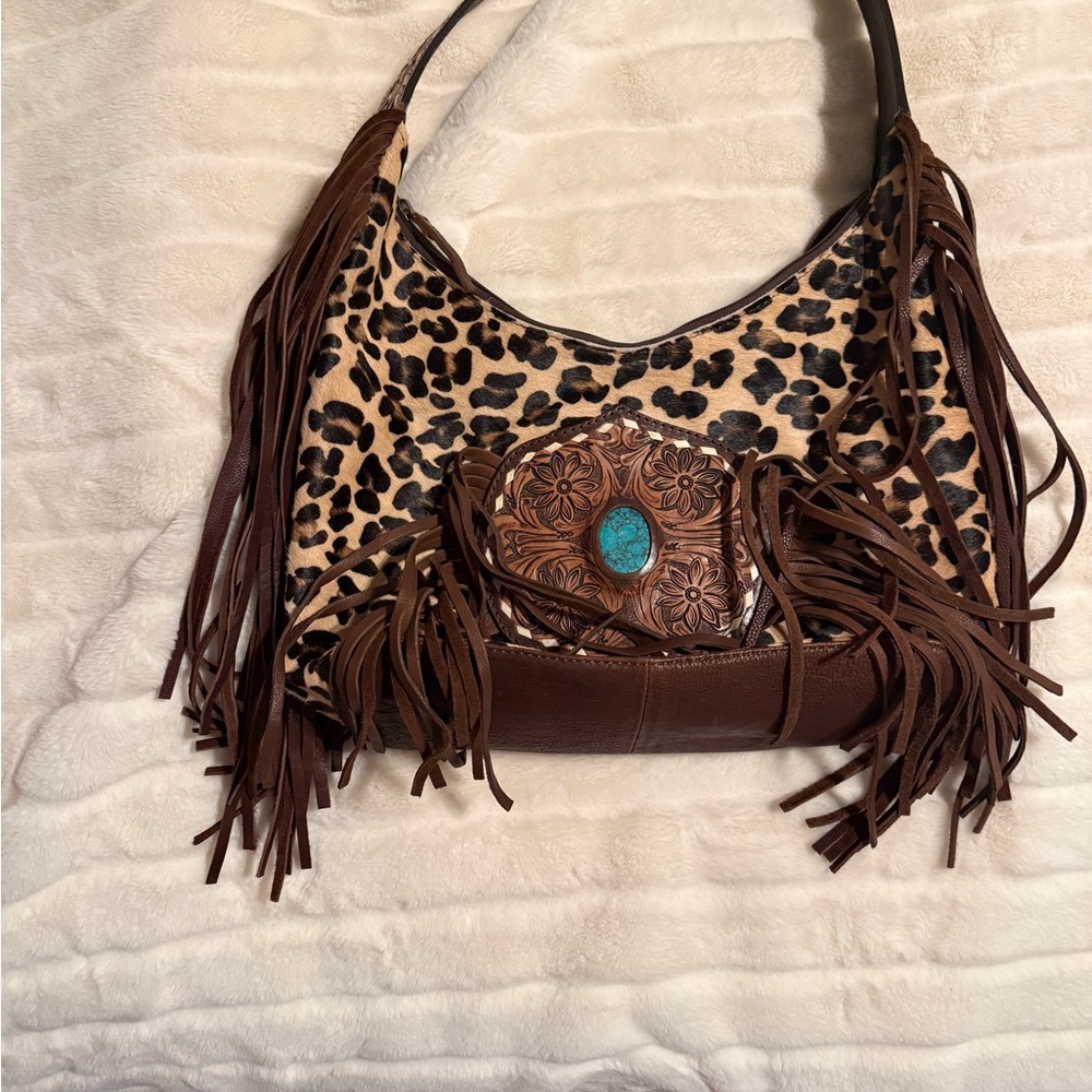 American Darling Leopard and Brown Fringe Hobo Bag